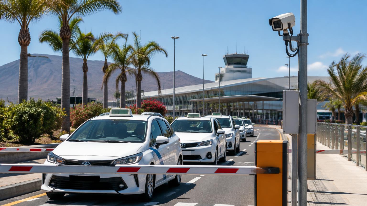 Weiße Taxis warten an einer Zufahrtsschranke mit Kamera vor einem Inselflughafen mit Palmen.