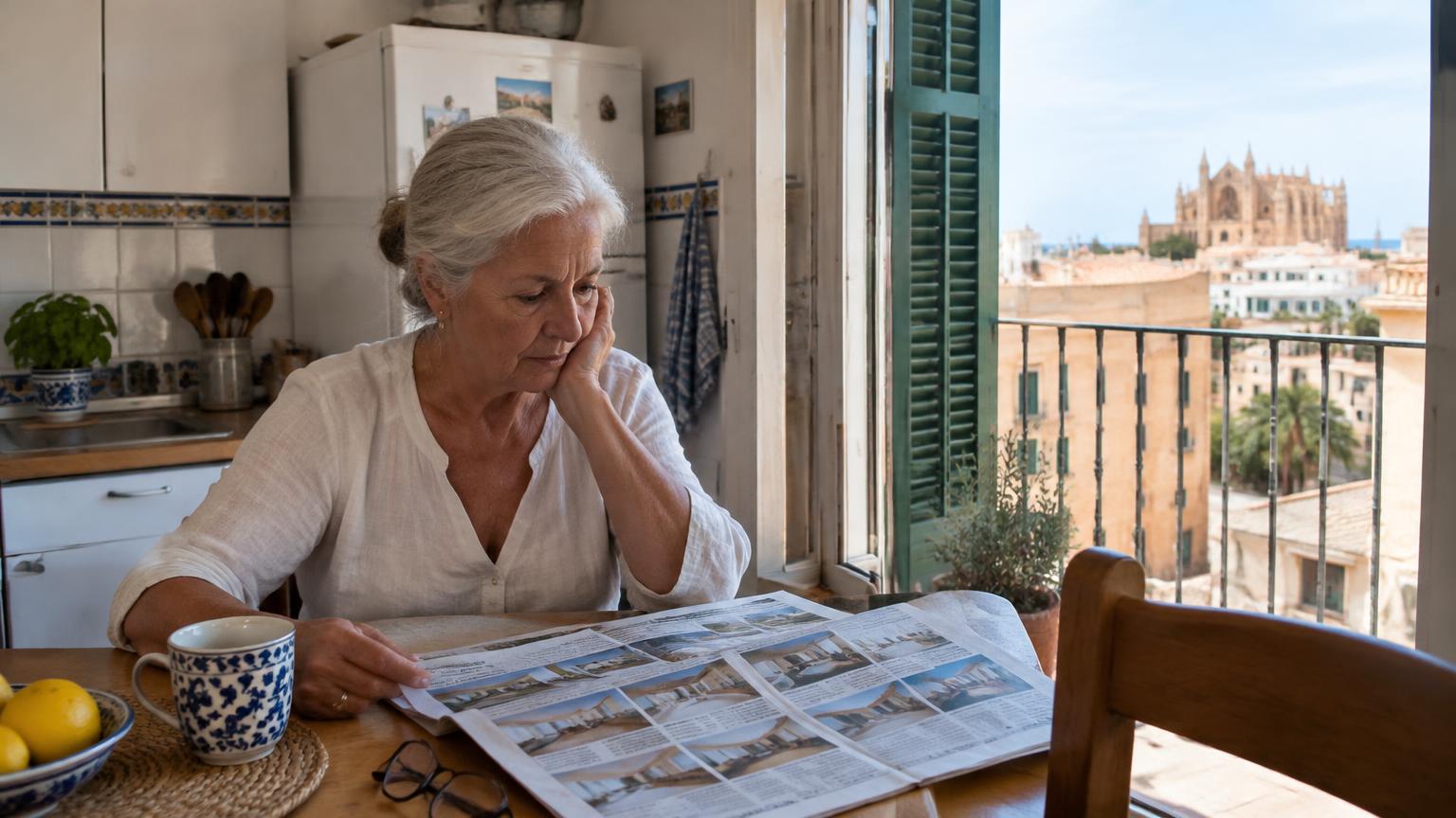 Ältere Frau liest in einer Küche in Palma Mietanzeigen in der Zeitung