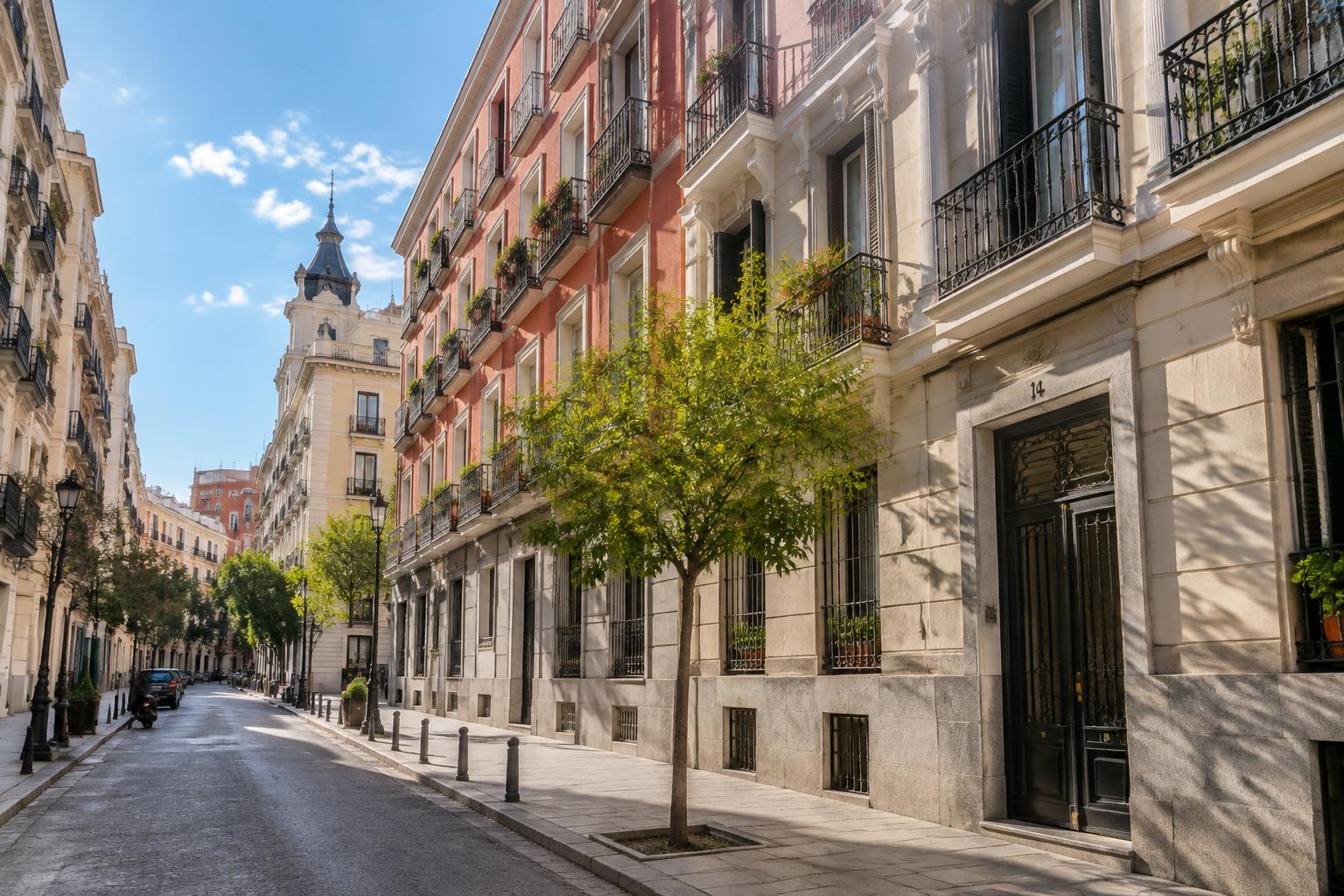 KI-generierte Illustration einer Madrider Wohnstraße mit mehrgeschossigen Häusern, Balkonen und Straßenbäumen.