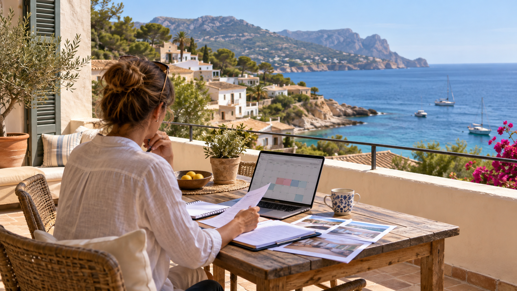 Vermieterin prüft Unterlagen und Buchungskalender auf einer Terrasse mit Blick auf eine balearische Küstenstadt