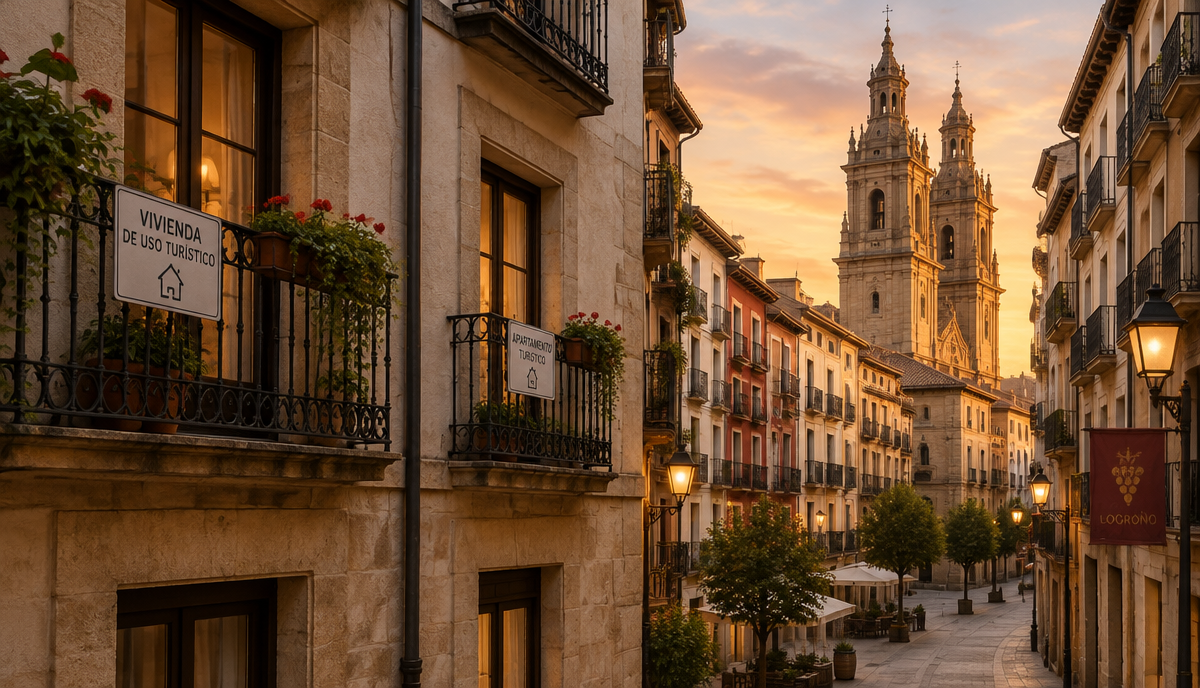 Altstadtgasse in Logroño mit Wohnhäusern und der Kathedrale im Abendlicht – Symbolbild zu den geplanten Regeln für Ferienwohnungen