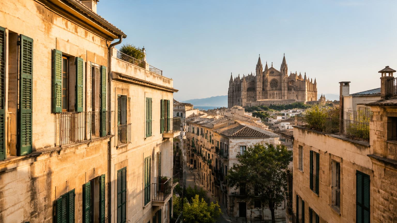 Altstadthäuser in Palma de Mallorca mit Sandsteinfassaden und grünen Fensterläden, im Hintergrund die Kathedrale.