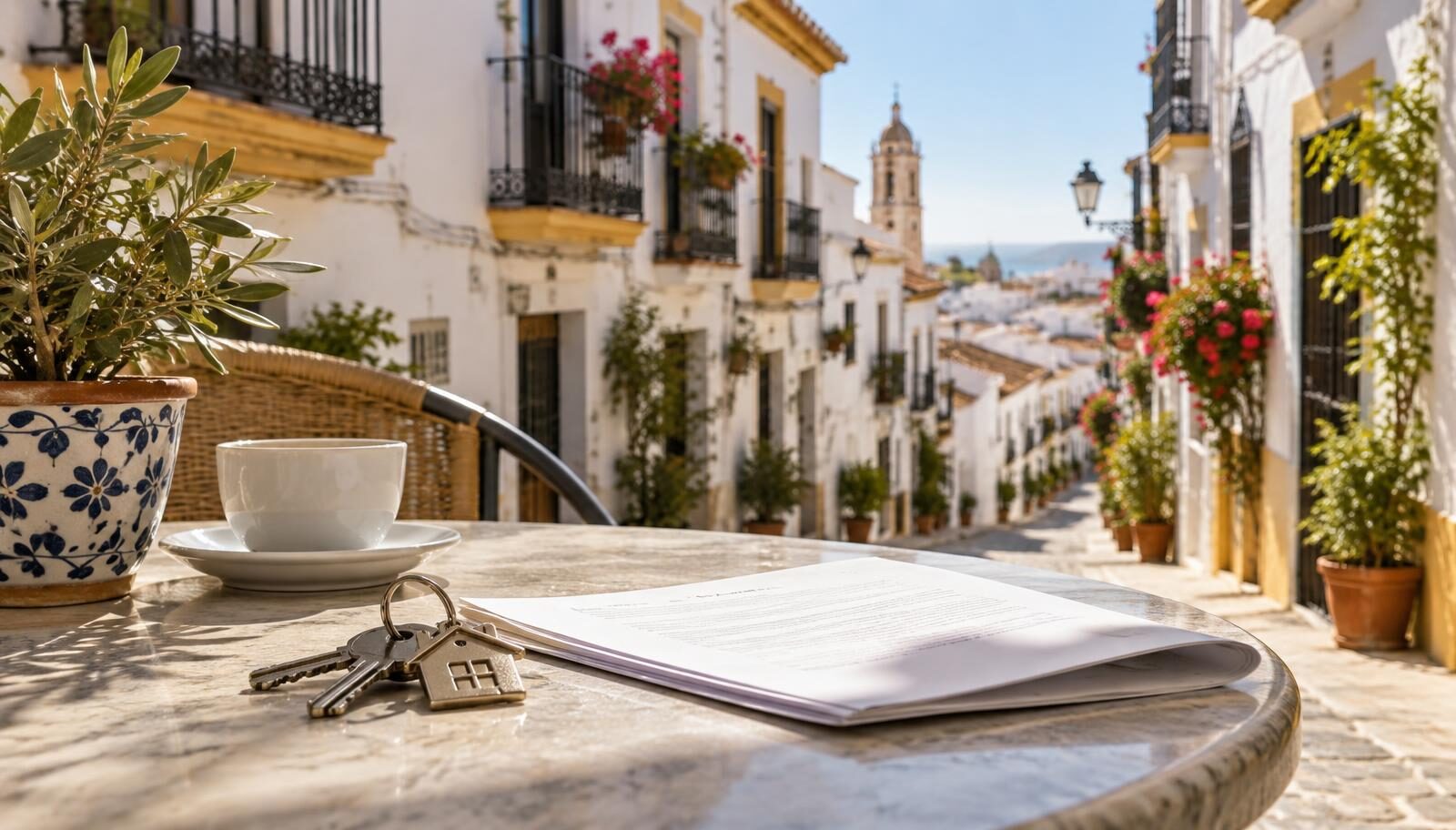 KI-generiertes Symbolbild: Hausschlüssel und Kaufvertrag auf einem Cafétisch in einer andalusischen Gasse