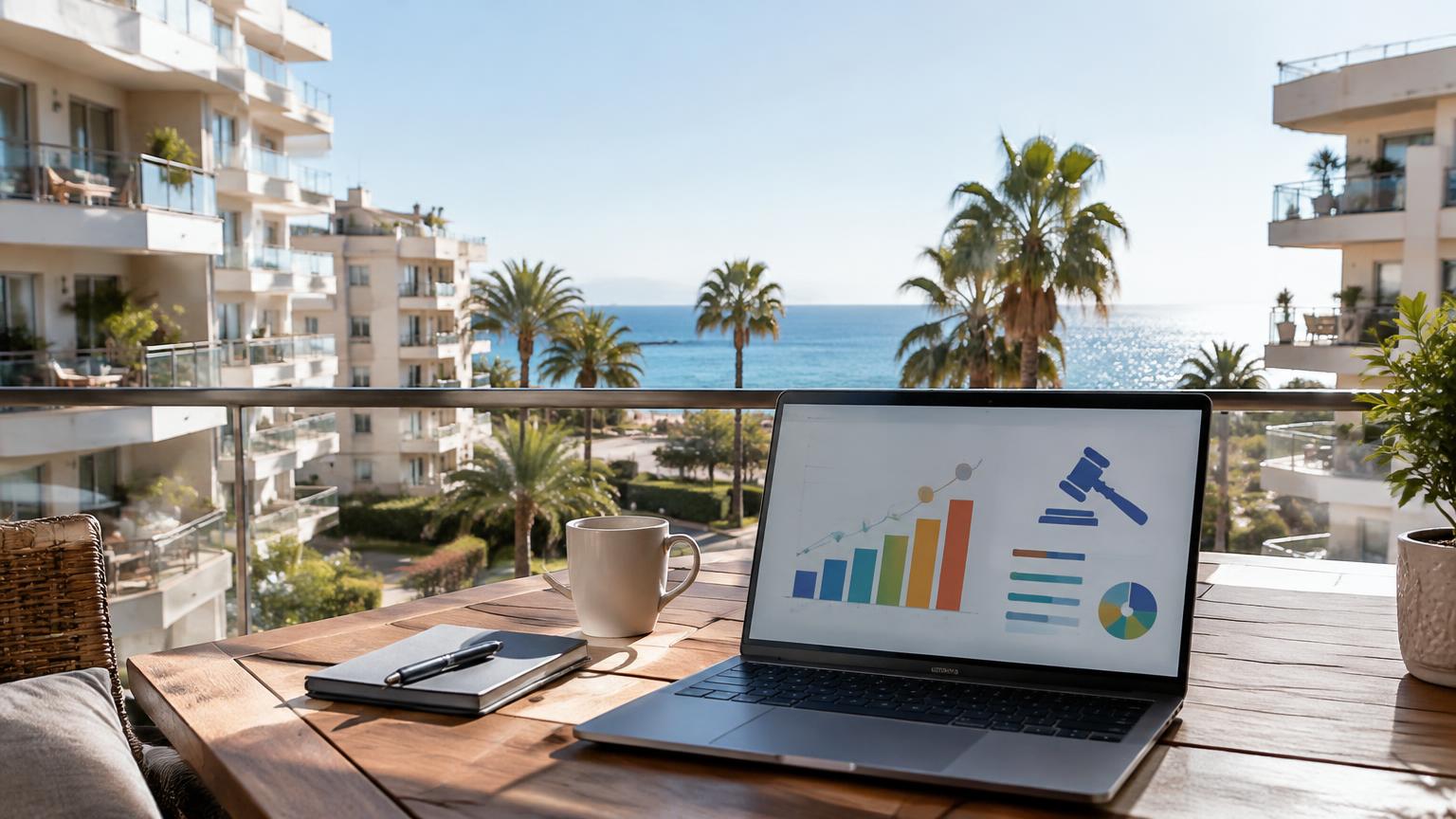 Laptop mit abstrakter Grafik auf einem Balkontisch, im Hintergrund Apartmenthäuser, Palmen und Meer (Symbolbild)