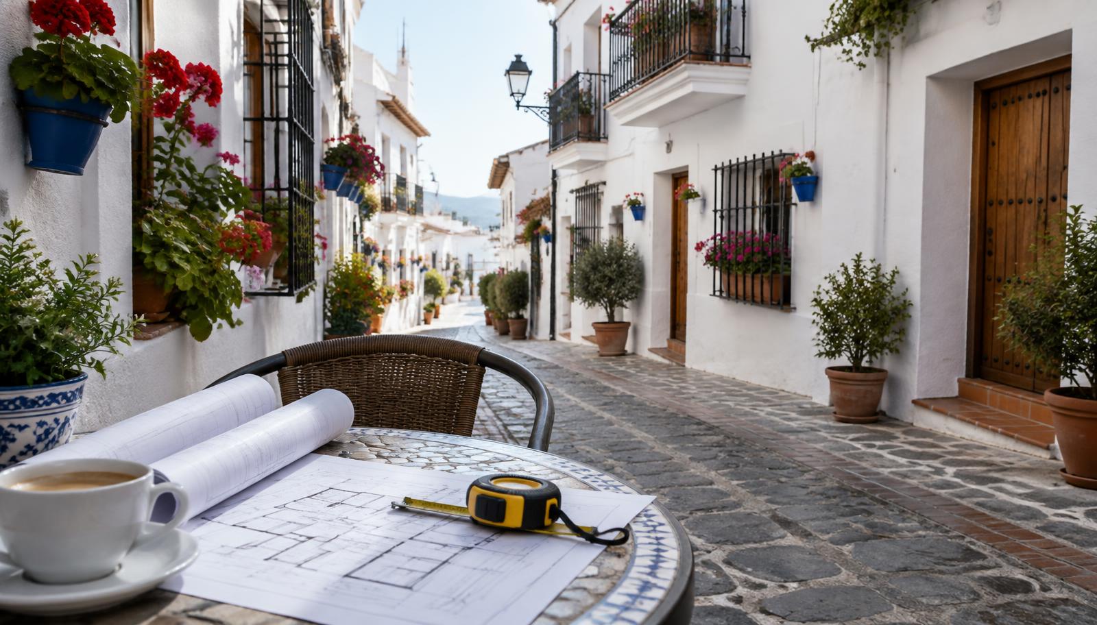 Bauplan und Maßband auf einem Cafétisch in einer weißen andalusischen Altstadtgasse
