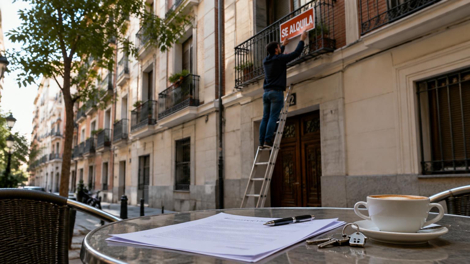 Ein Mann nimmt an einem Madrider Wohnhaus ein Schild „Se alquila“ ab, im Vordergrund liegen Mietvertrag und Schlüssel auf einem Cafétisch.