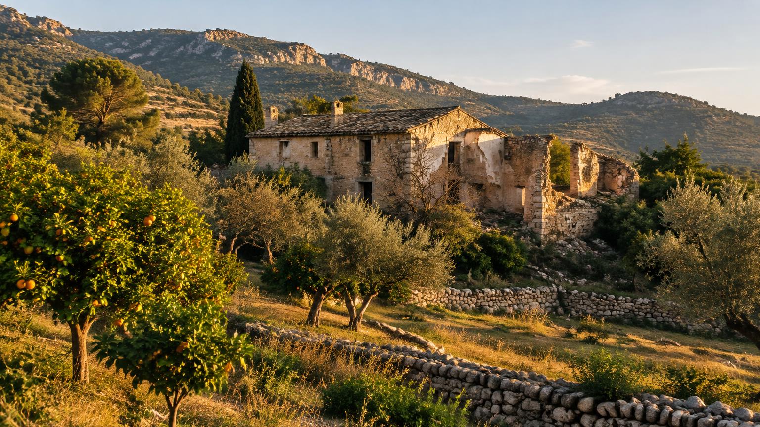 Ländliches Grundstück in der Region Valencia mit Orangen- und Olivenbäumen, Trockenmauern und einem teils verfallenen Steinhaus.