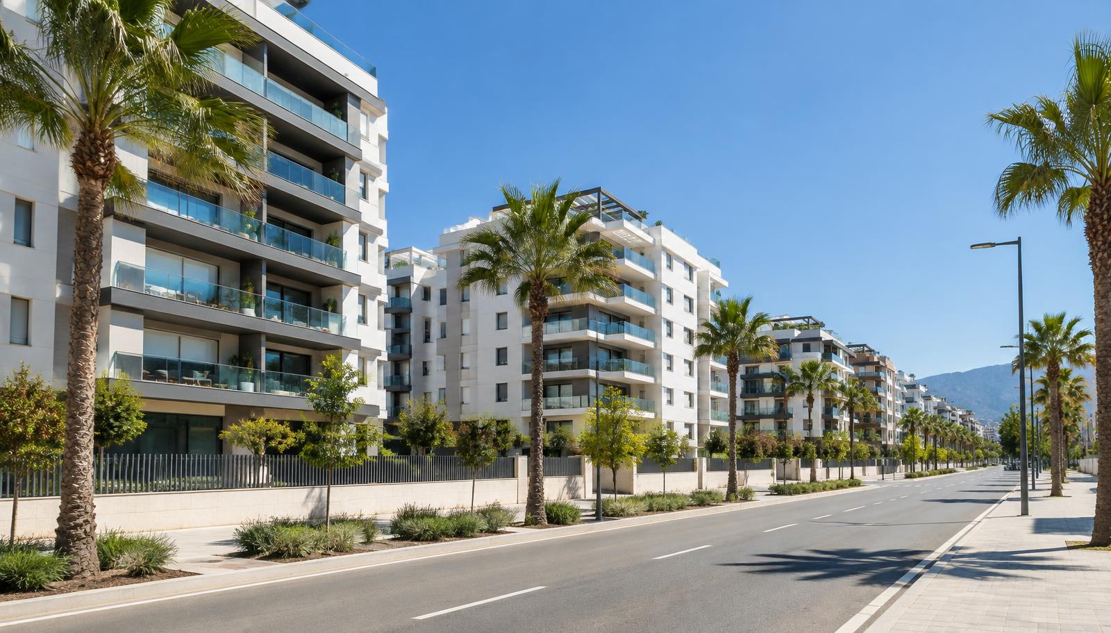 Neue Wohnblöcke an einer palmengesäumten Straße in Málaga