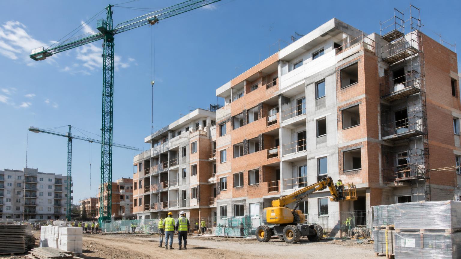 Baustelle eines neuen Wohnblocks mit Kränen und Bauarbeitern in Warnwesten unter blauem Himmel.