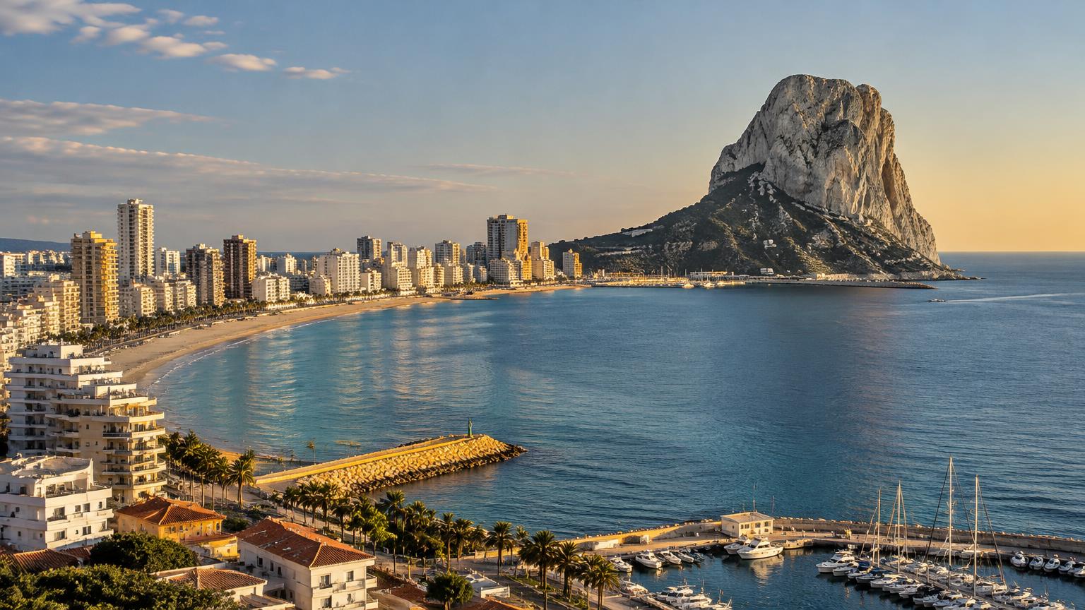 Blick auf Calp mit dem Peñón de Ifach und Wohnhäusern an der Bucht